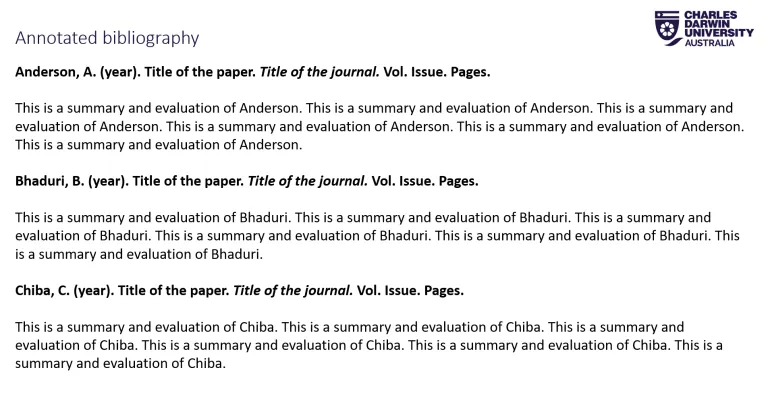 Annotated bibliography Anderson, A. (year). Title of the paper. Title of the journal. Vol. Issue. Pages. &nbsp; This is a summary and evaluation of Anderson. This is a summary and evaluation of Anderson. This is a summary and evaluation of Anderson. This is a summary and evaluation of Anderson. This is a summary and evaluation of Anderson. This is a summary and evaluation of Anderson.  &nbsp; Bhaduri, B. (year). Title of the paper. Title of the journal. Vol. Issue. Pages. &nbsp; This is a summary and evaluation of Bhaduri