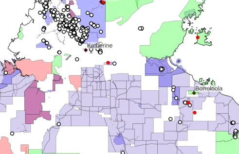 Map showing First Nations land in the top end of the Northern Territory, with markers showing mine sites